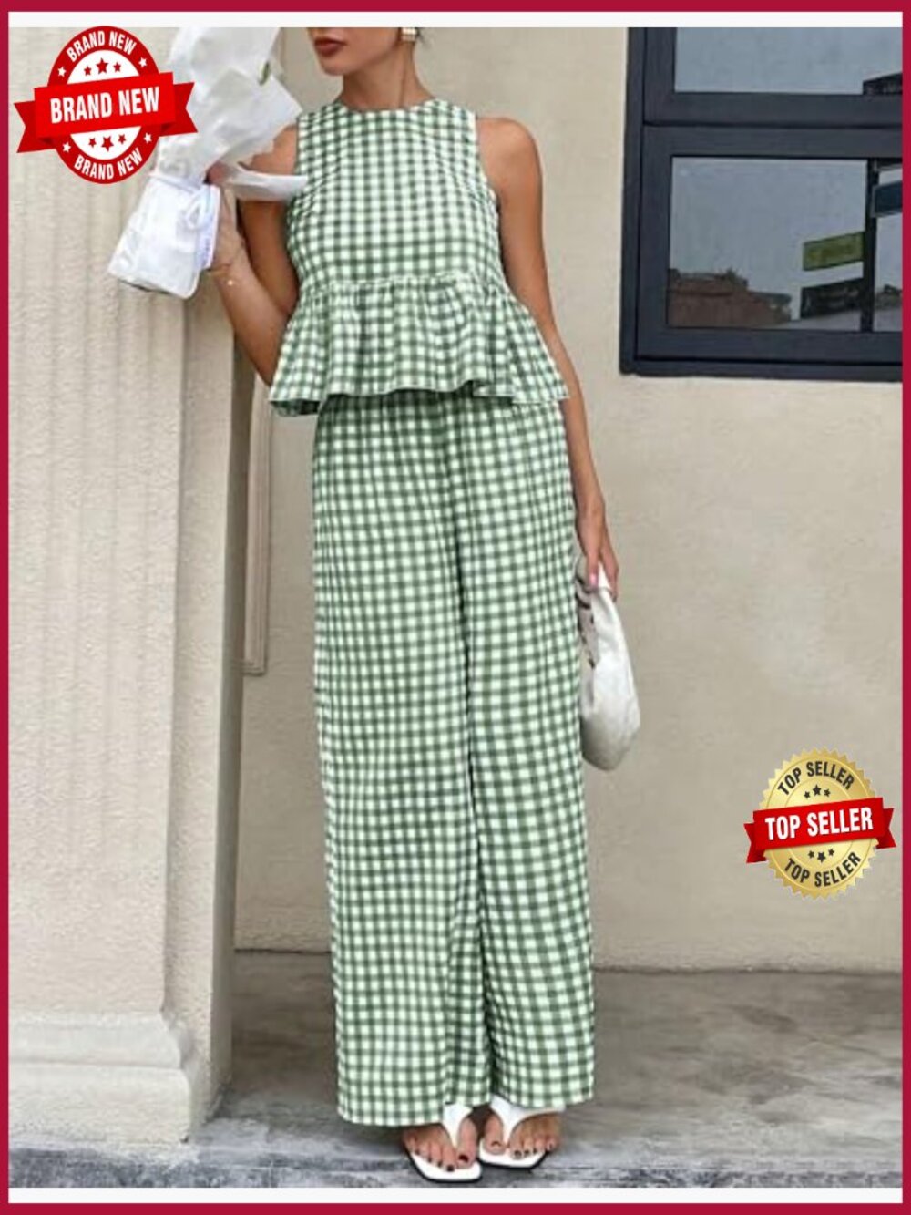 Gingham 2 Piece Lounge Set - Tank Top & Wide Leg Pants - Picture 2 of 7